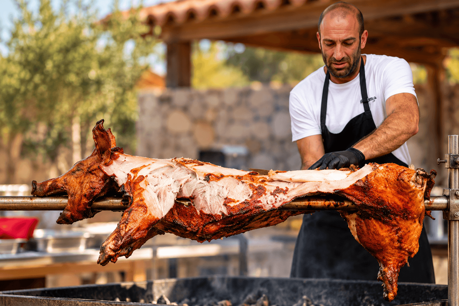 Porco assado no espeto a ser trinchado, com a carne branca e a pele estaladiça à vista